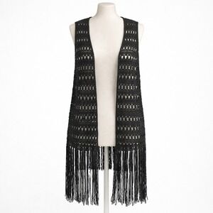 Forever 21 Black Crochet Knit Long Vest Duster Fringe Boho Festival Whimsigoth